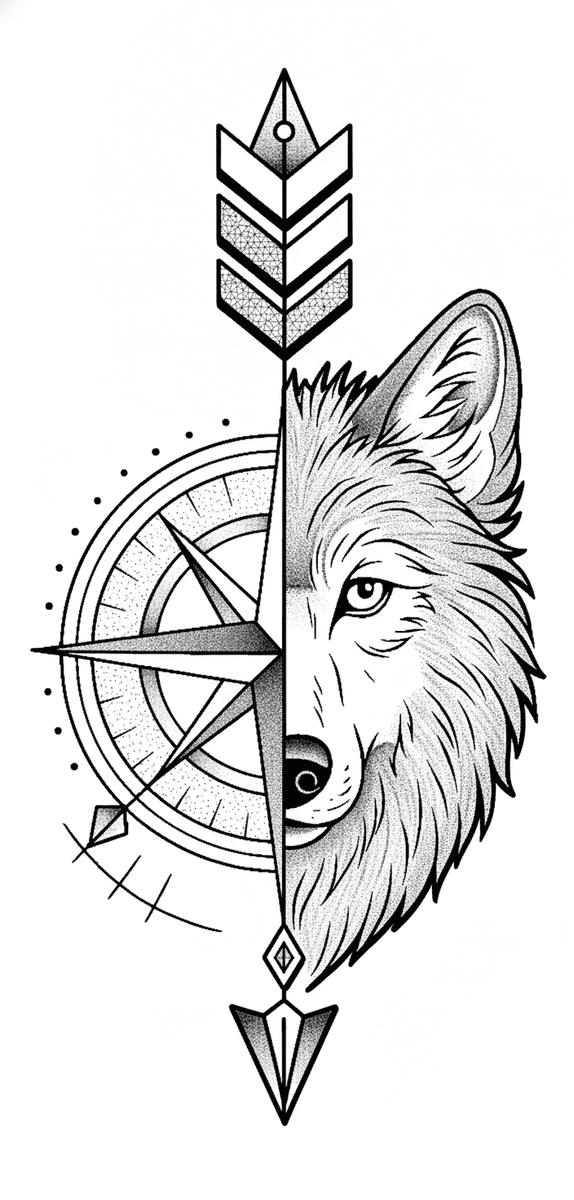 Tattoo design of a wolf head splitting into a compass rose along a vertical arrow with detailed dotwork shading.