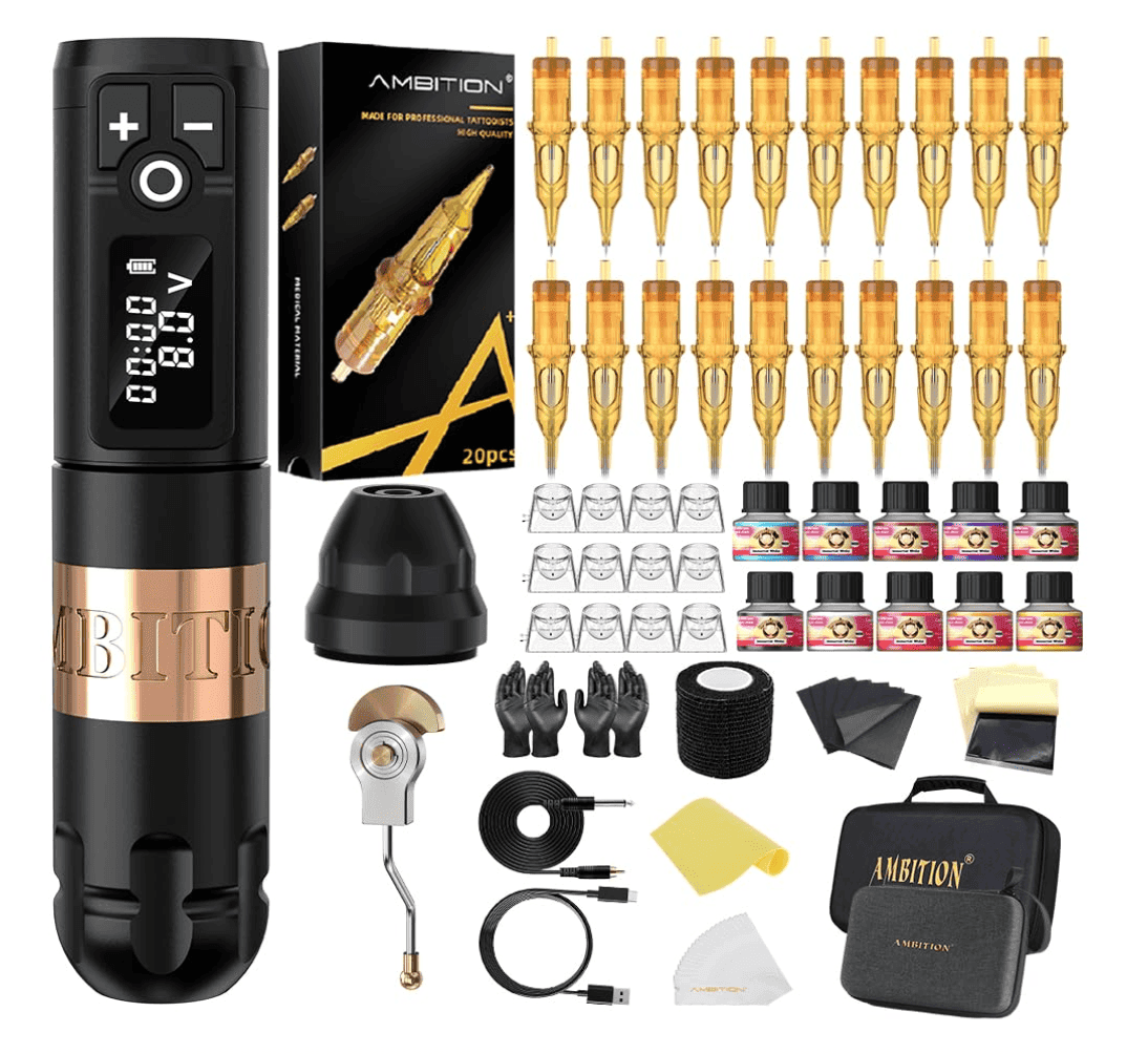 Ambition Soldier wireless rotary tattoo pen machine kit gold complete set
